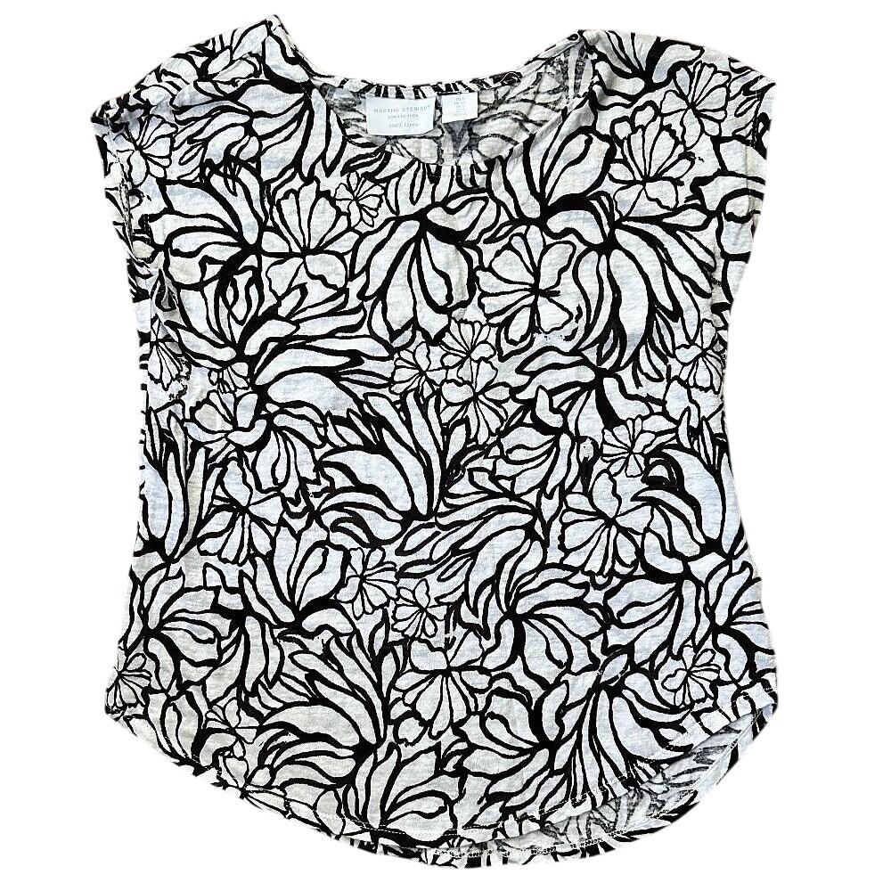 Martha Stewart Linen Cap Sleeve Scoop Neck Black & White Floral Top Small